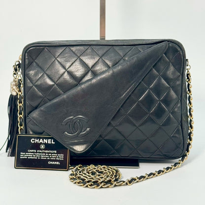 CHANEL Matelasse Lambskin Coco Mark Fringed Chain Shoulder Bag Black with Guarantee Card 3521923 Shoulder Bag