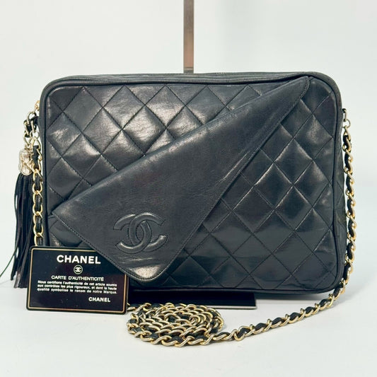 CHANEL Matelasse Lambskin Coco Mark Fringed Chain Shoulder Bag Black with Guarantee Card 3521923 Shoulder Bag