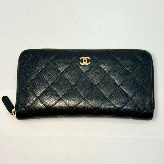 CHANEL Matelasse Caviar Leather Round Long Wallet, Black, 20506265