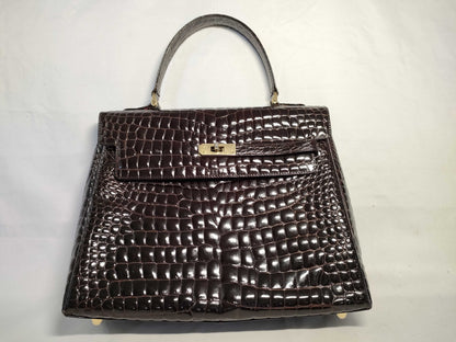 Crocodile alligator leather turnlock handbag, brown