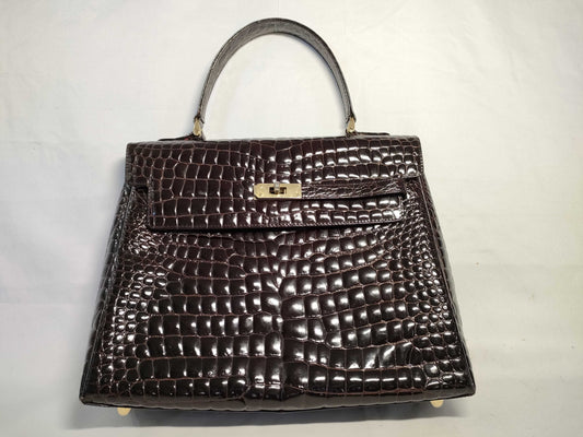 Crocodile alligator leather turnlock handbag, brown