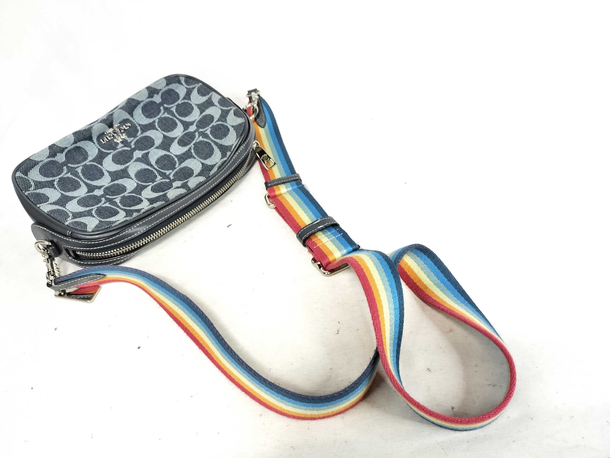 COACH Signature Denim Shoulder Bag with Rainbow Strap