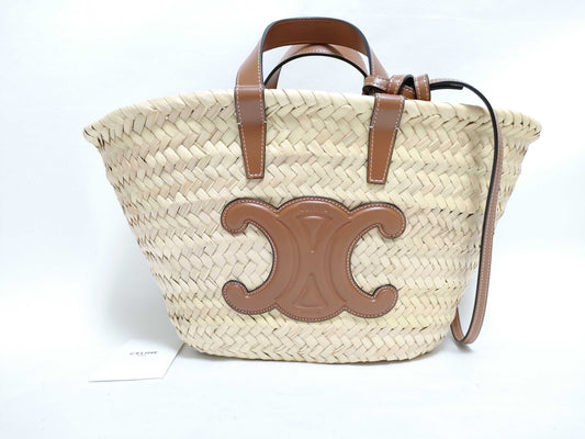 CELINE Triomphe Pannier Raffia and Leather Basket Bag Beige and Brown Handbag