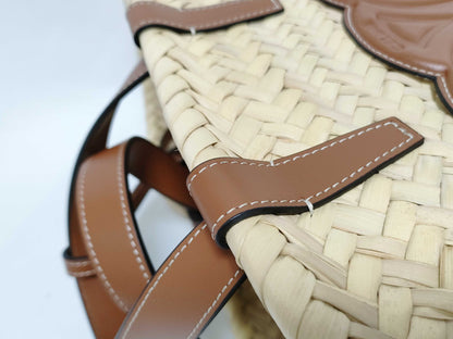 CELINE Triomphe Pannier Raffia and Leather Basket Bag Beige and Brown Handbag