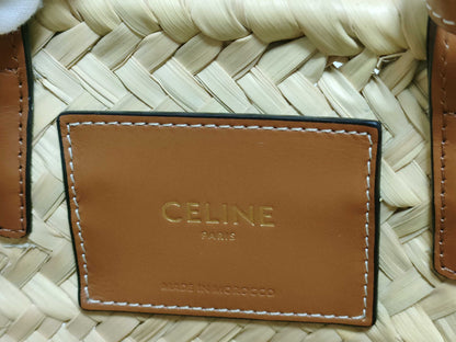 CELINE Triomphe Pannier Raffia and Leather Basket Bag Beige and Brown Handbag