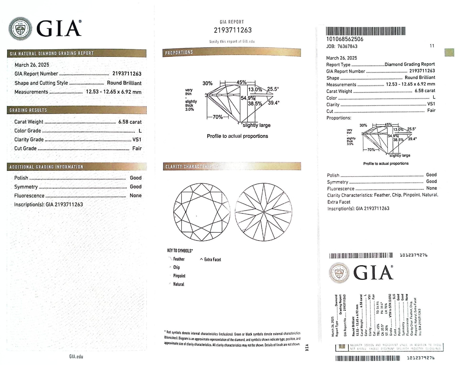 6.58ct L VS1 FAIR/GD/GD NONE NATURAL 12.53-12.65-6.92mm GIA Diamond Loose