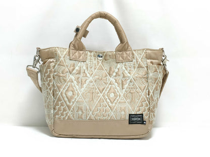 mina perhonen x PORTER Collaboration Symphony 2-Way Tote Bag, Embroidered, Nylon Bonded Fabric, Beige, Handbag