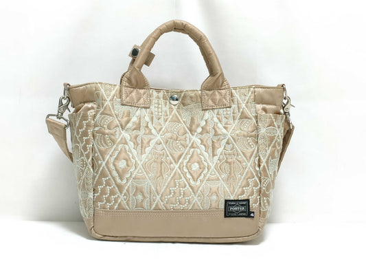 mina perhonen x PORTER Collaboration Symphony 2-Way Tote Bag, Embroidered, Nylon Bonded Fabric, Beige, Handbag