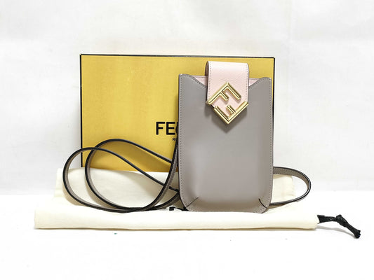FENDI 7AS188 FF Diamond Phone Pouch Calfskin Leather Gray/Pink Shoulder Bag