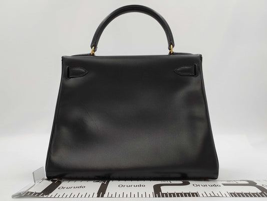 HERMES Kelly 28 Box Calf Black Handbag with A Stamp and Inner Stitching