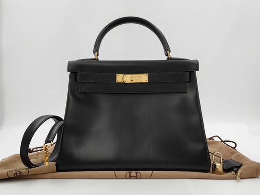 HERMES Kelly 28 Box Calf Black Handbag with A Stamp and Inner Stitching
