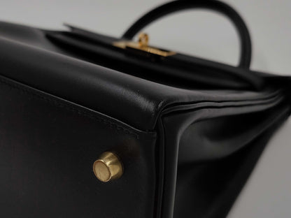 HERMES Kelly 28 Box Calf Black Handbag with A Stamp and Inner Stitching