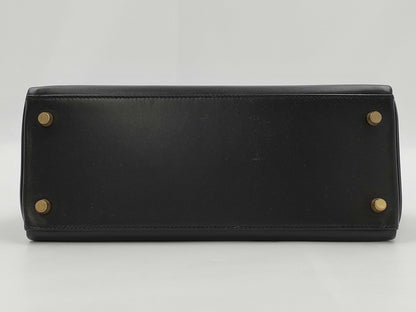 HERMES Kelly 28 Box Calf Black Handbag with A Stamp and Inner Stitching