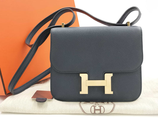 HERMES Constance Mini Epsom Leather Shoulder Bag, 2023, Navy Blue