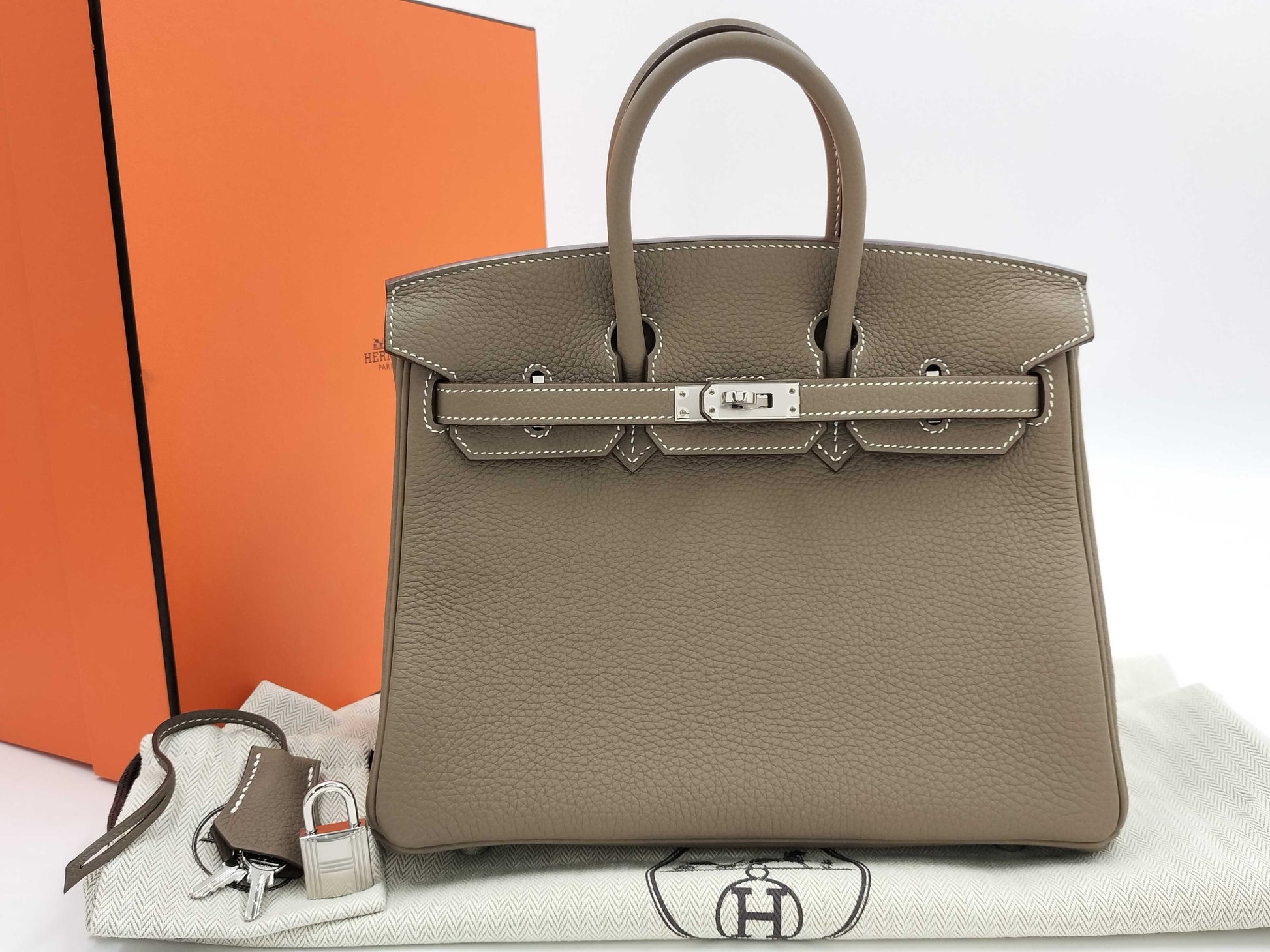HERMES Birkin 25 Togo Etoupe Handbag with 2024 Engraving