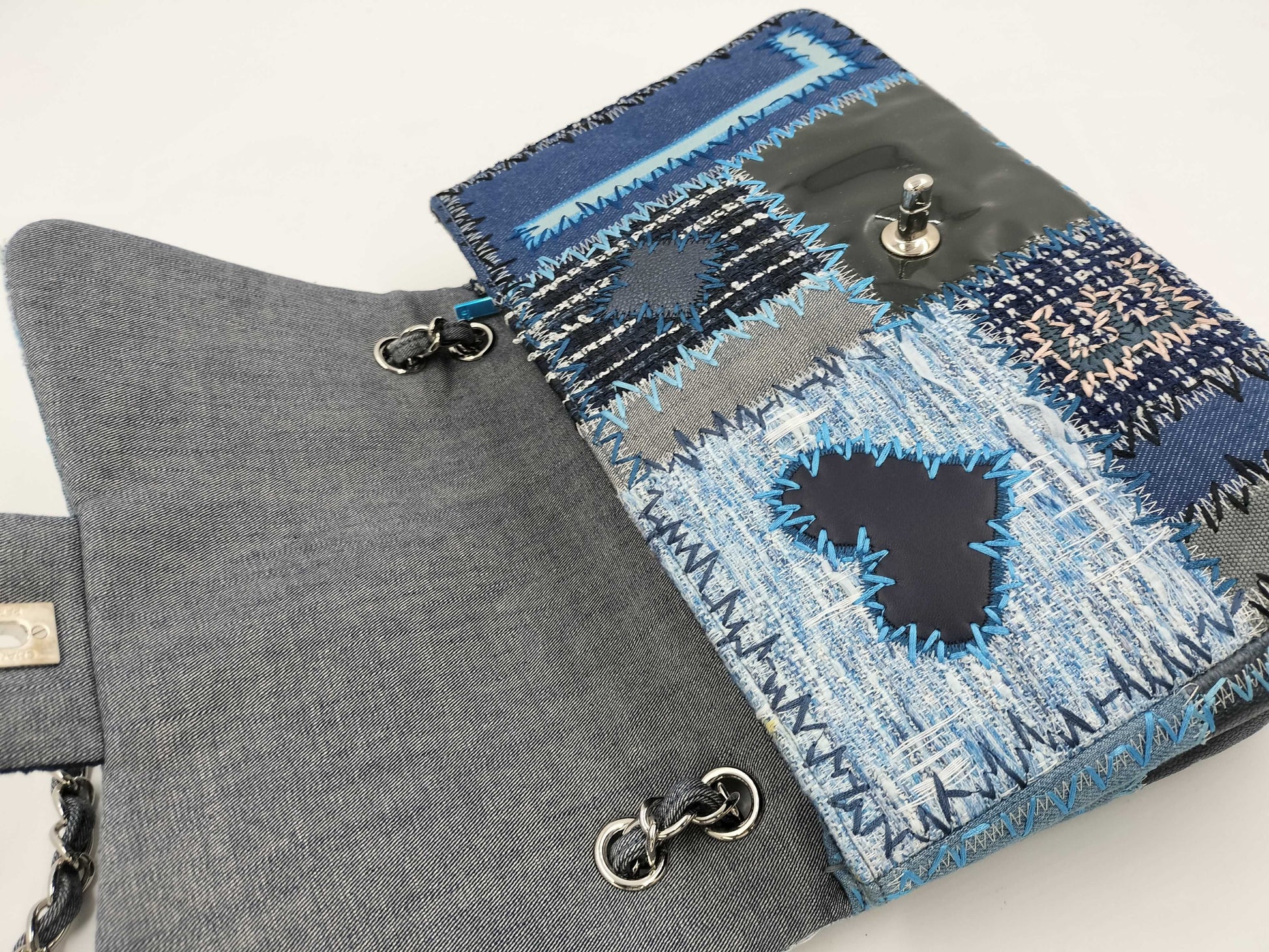CHANEL Patchwork Matelasse Chain Shoulder Bag, Denim and Quilted, Blue, 20891711 Shoulder Bag