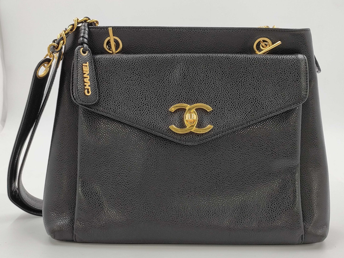 CHANEL Coco Mark Caviar Leather Chain Tote Bag in Black with Gold Hardware, Sticker Included, Card Not Included, Shoulder Bag