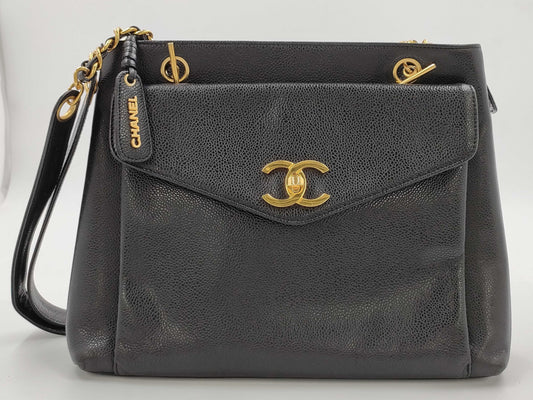 CHANEL Coco Mark Caviar Leather Chain Tote Bag in Black with Gold Hardware, Sticker Included, Card Not Included, Shoulder Bag