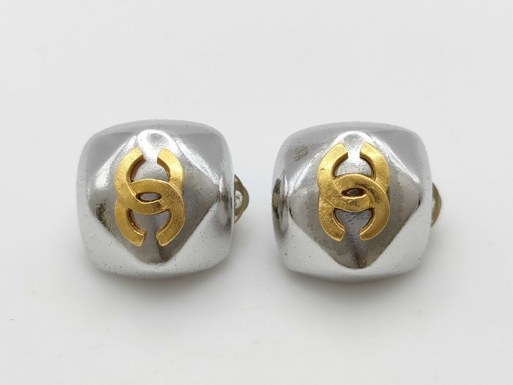 CHANEL 98A Coco Mark Silver x Gold Earrings