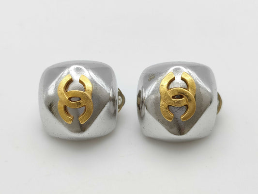 CHANEL 98A Coco Mark Silver x Gold Earrings