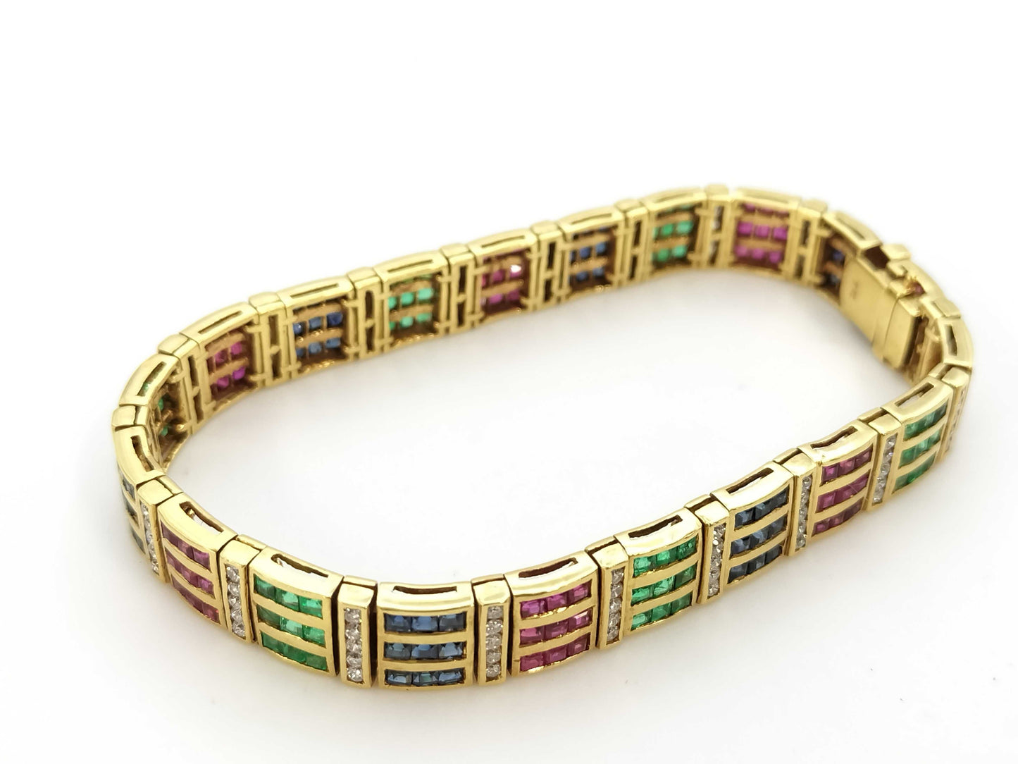 Ruby, Sapphire, Emerald, and Diamond 18K Gold Bracelet/Bangle, 31.3g 