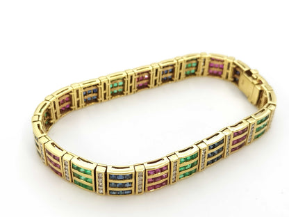 Ruby, Sapphire, Emerald, and Diamond 18K Gold Bracelet/Bangle, 31.3g 