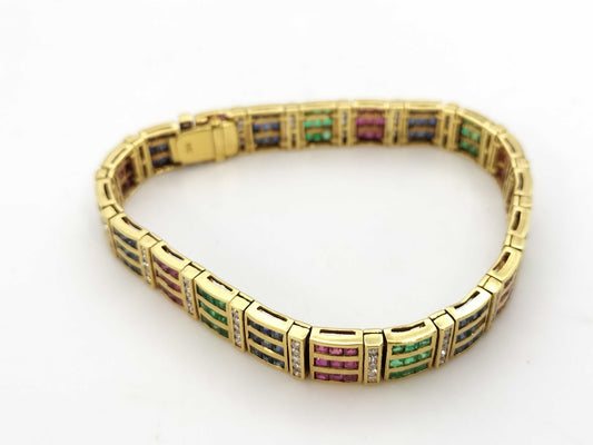 Ruby, Sapphire, Emerald, and Diamond 18K Gold Bracelet/Bangle, 31.3g 
