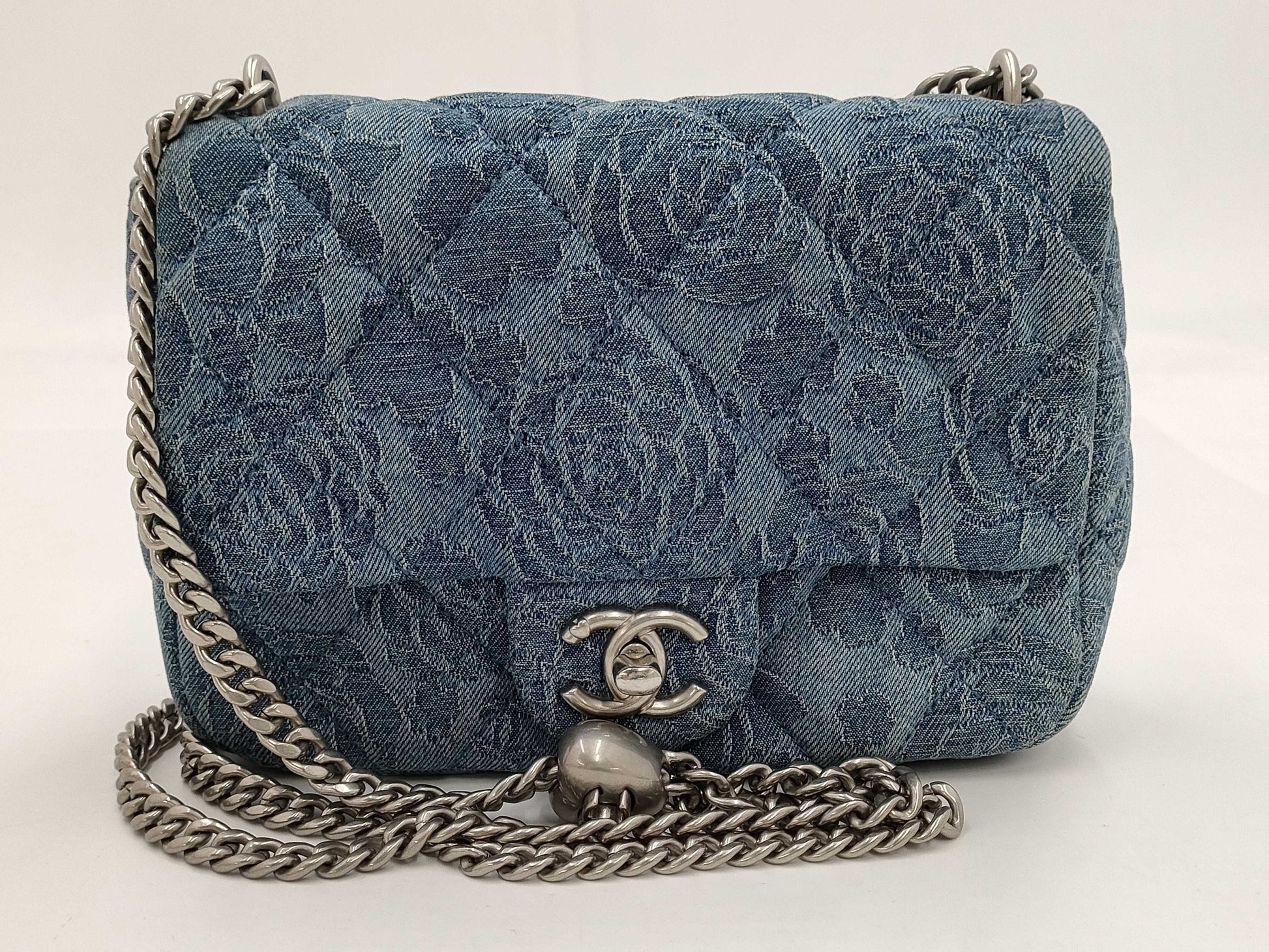 CHANEL Camellia Denim Chain Shoulder Bag with Serial Number Plate