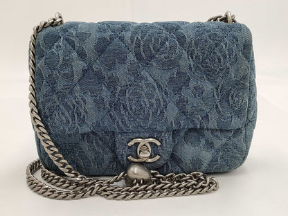 CHANEL Camellia Denim Chain Shoulder Bag with Serial Number Plate