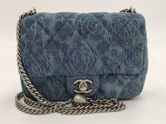 CHANEL Camellia Denim Chain Shoulder Bag with Serial Number Plate