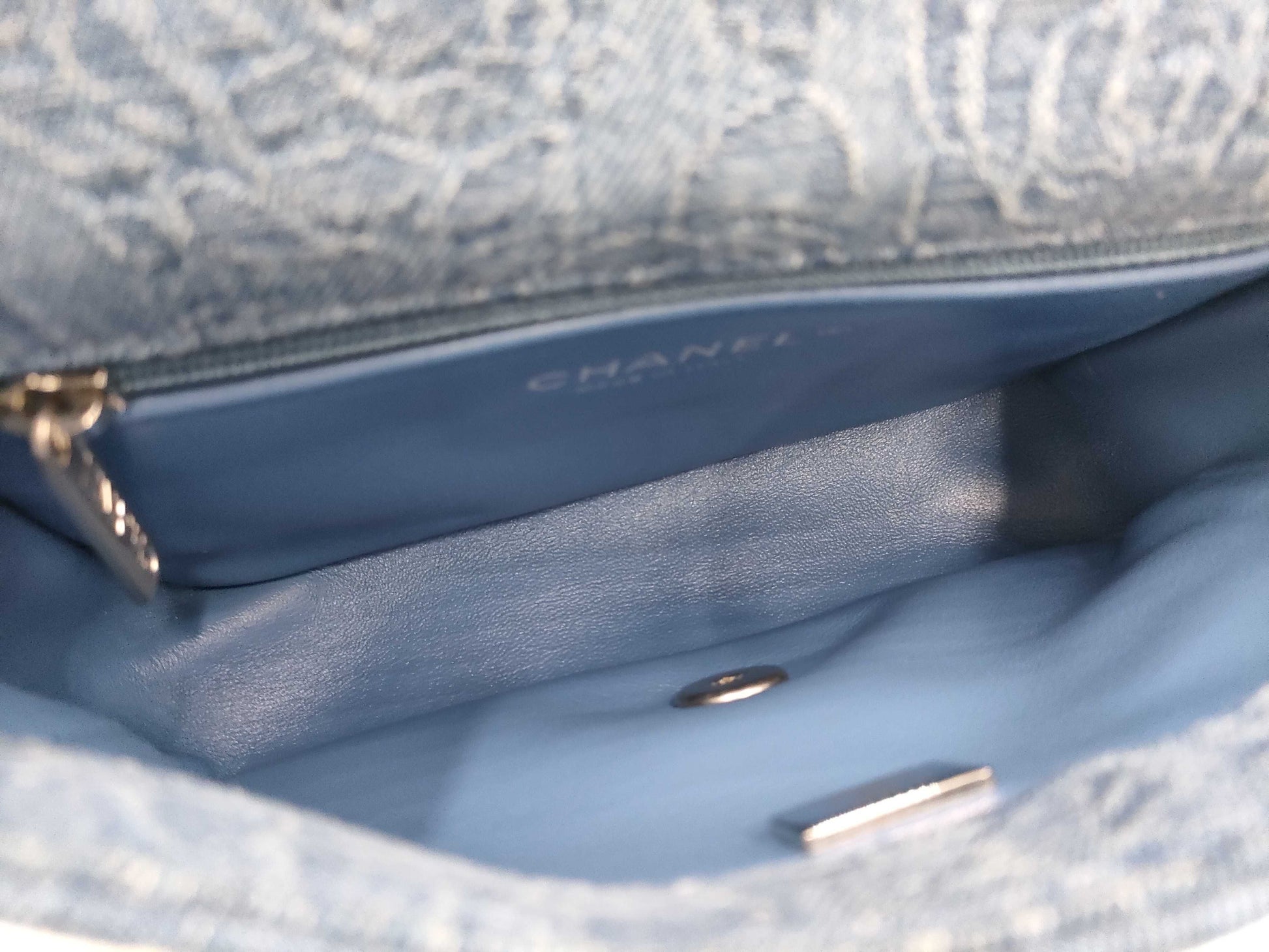 CHANEL Camellia Denim Chain Shoulder Bag with Serial Number Plate