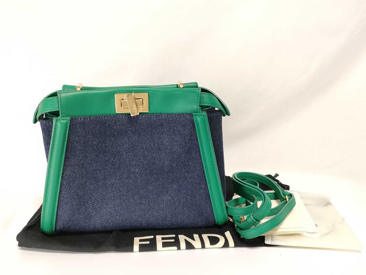 FENDI Peekaboo denim handbag/shoulder bag with large logo and gold hardware, 8BN316