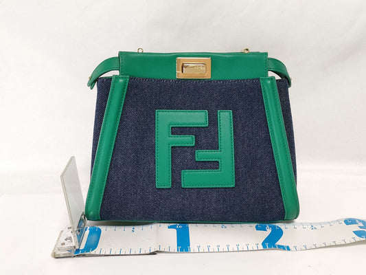 FENDI Peekaboo denim handbag/shoulder bag with large logo and gold hardware, 8BN316