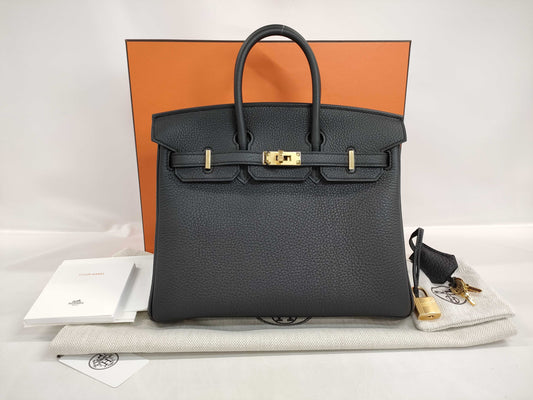 HERMES Birkin 25 Black Togo Gold Hardware K Stamp Handbag