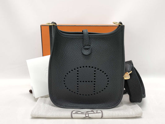 HERMES Evelyn TPM Black Taurillon Clemence Leather Handbag with Gold Hardware, Double Stamp