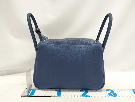 HERMES Lindy 26 Blue Tie Handbag in Taurillon Clemence Leather with Silver Hardware and K Stamp