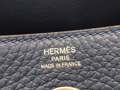 HERMES Lindy 26 Blue Tie Handbag in Taurillon Clemence Leather with Silver Hardware and K Stamp