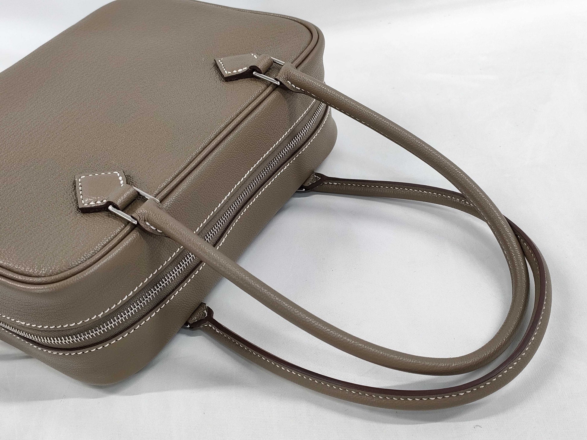 HERMES Plume Mini Etoupe Chevre Mysore Handbag with Silver Hardware and K Stamp