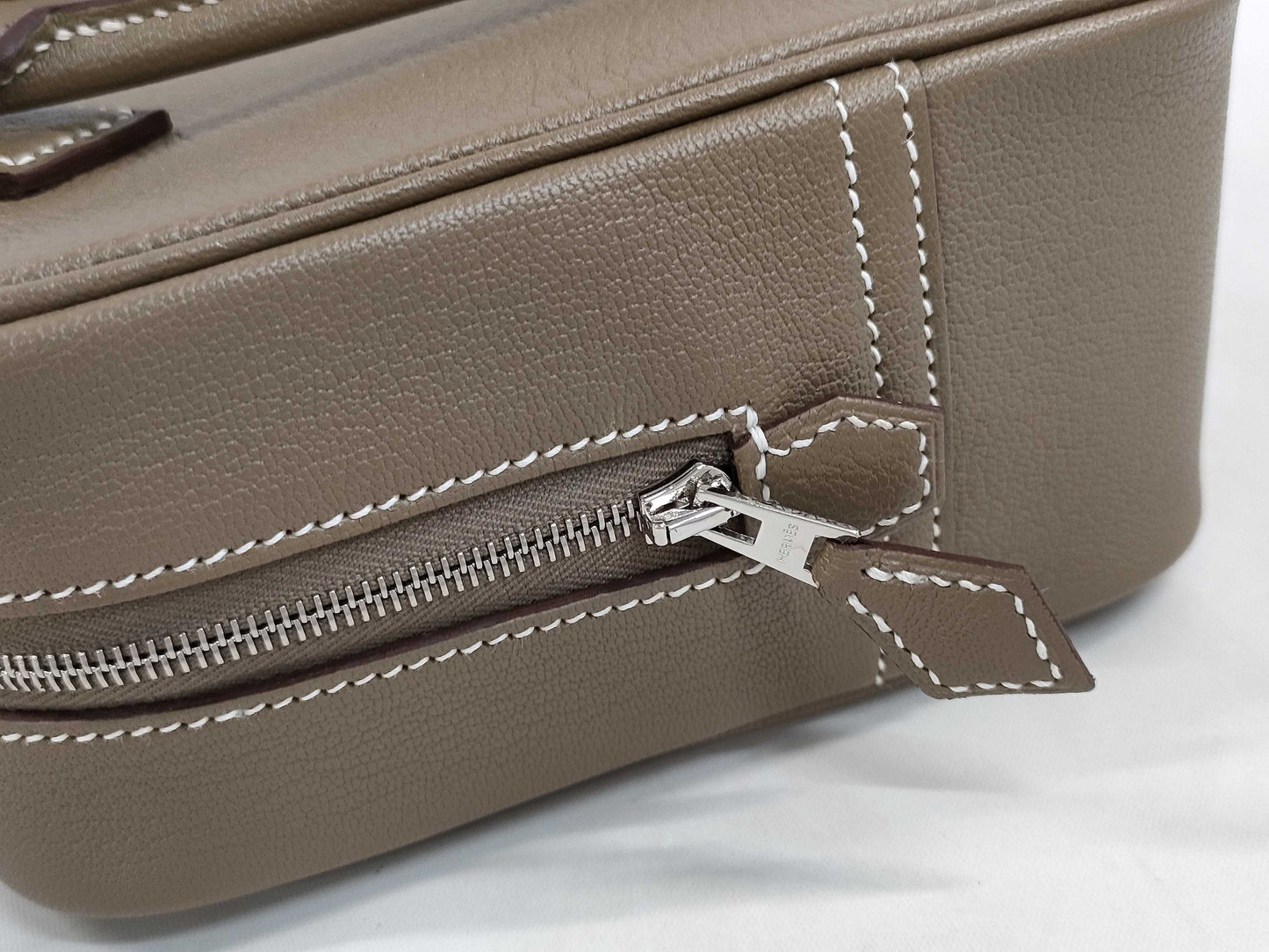 HERMES Plume Mini Etoupe Chevre Mysore Handbag with Silver Hardware and K Stamp