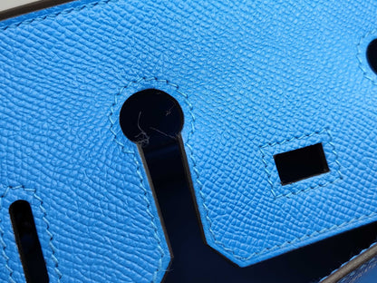HERMES Birkin 25 Serie Bleu Hydra Epson Silver Hardware K Stamp Handbag