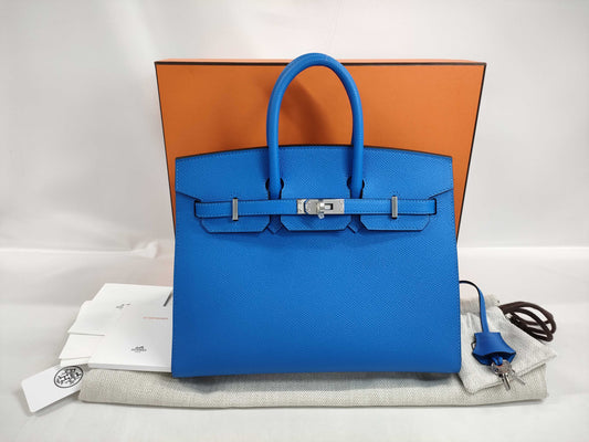 HERMES Birkin 25 Serie Bleu Hydra Epson Silver Hardware K Stamp Handbag