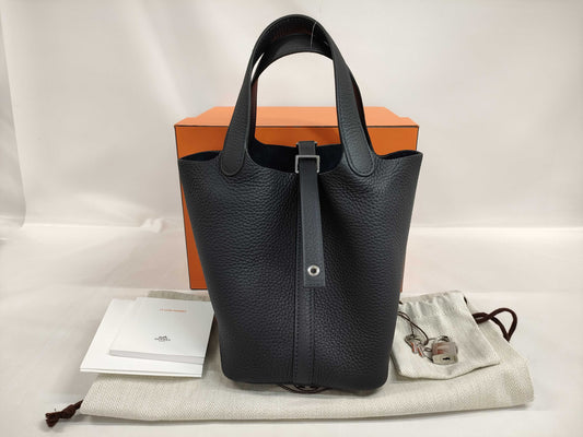 HERMES Picotin Lock 18 Bleu Nuit Taurillon Clemence Leather Handbag with Silver Hardware and U Stamp