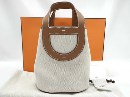 HERMES In the Loop 18 Ecru/Gold Toile/Swift Gold Hardware W Stamp Handbag