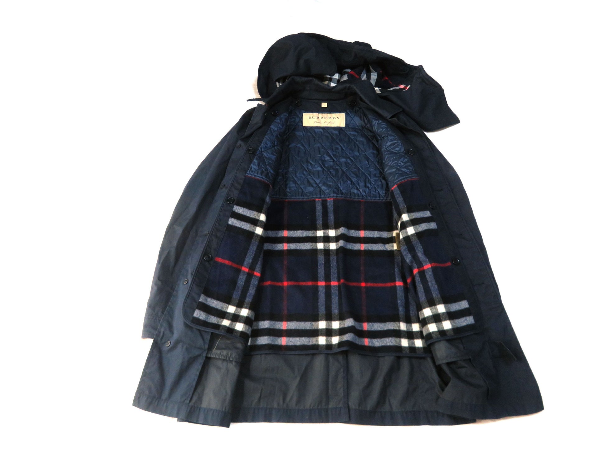 BURBERRY Hooded Coat with Checked Liner, Navy Jacket