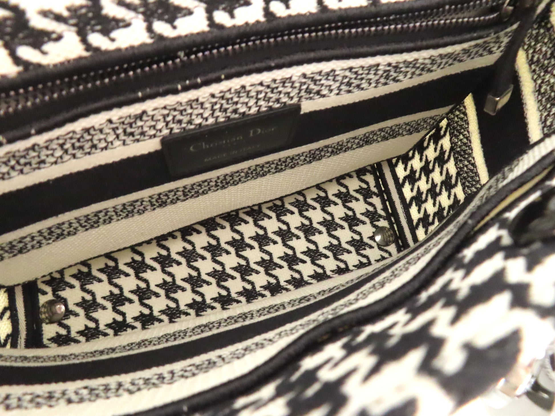 Christian Dior Lady D Light Medium 2-Way Handbag, White and Black Houndstooth