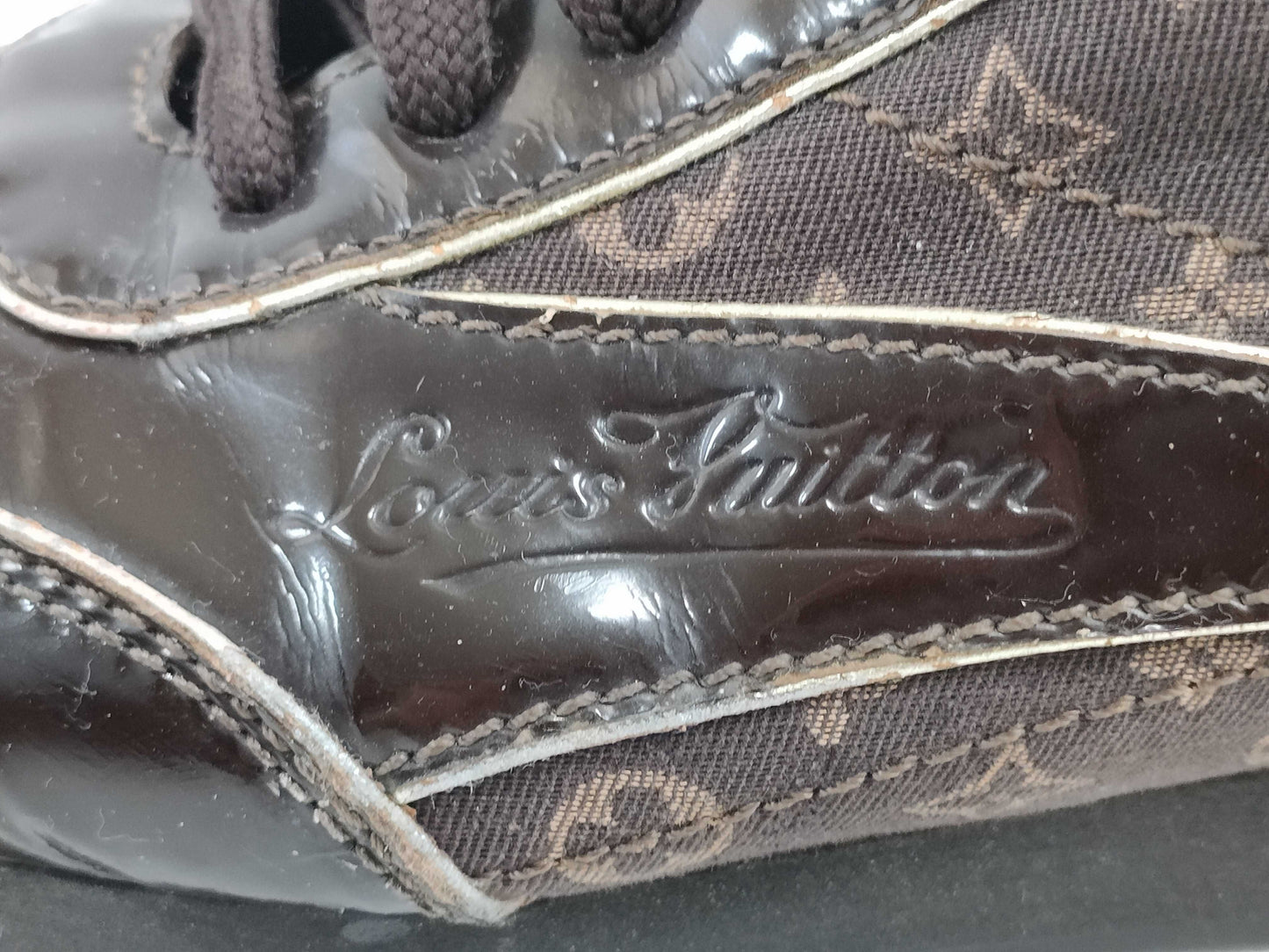 LOUIS VUITTON Enamel Monogram Low-Cut Sneakers, Size 22.5cm