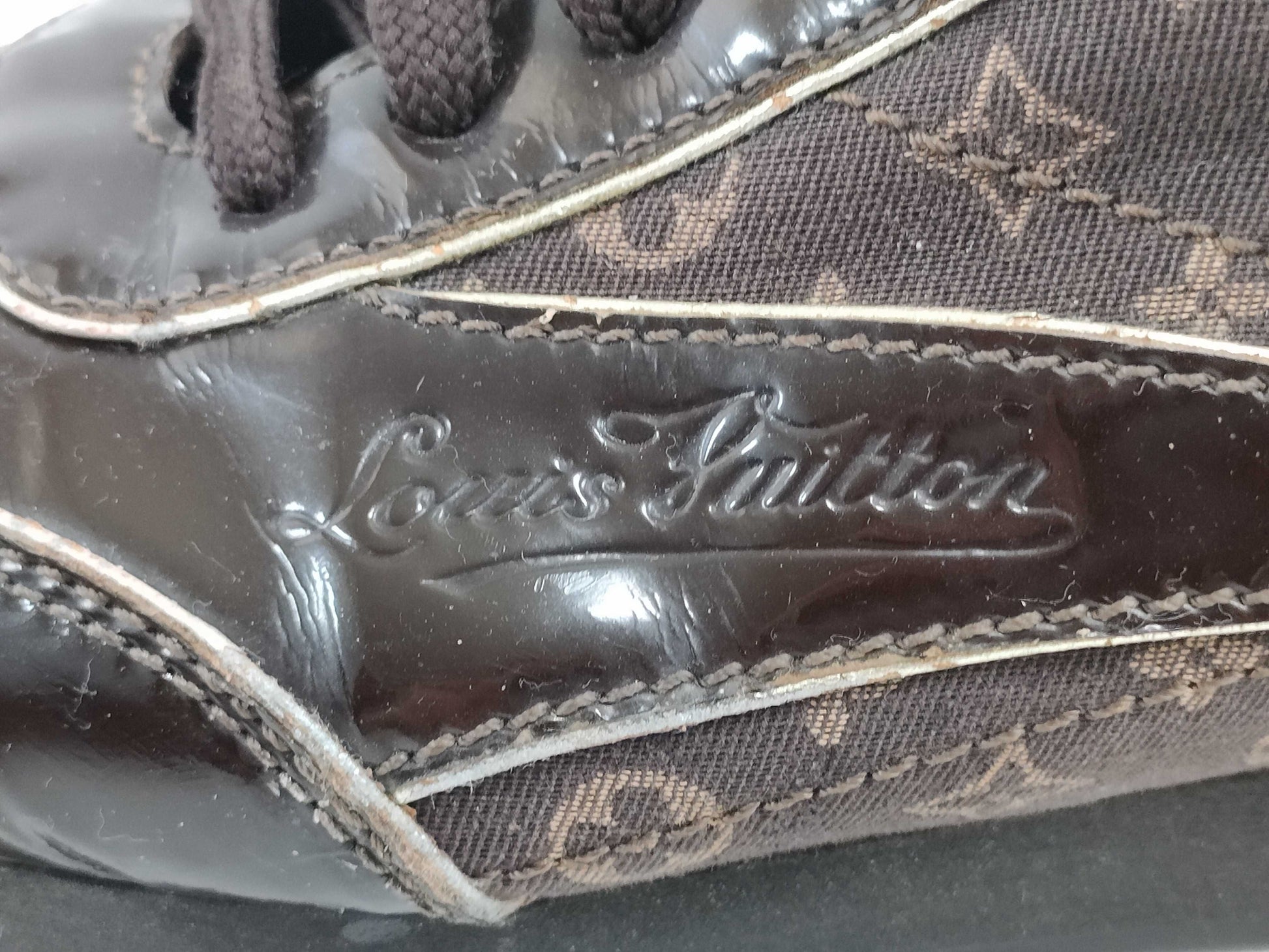 LOUIS VUITTON Enamel Monogram Low-Cut Sneakers, Size 22.5cm