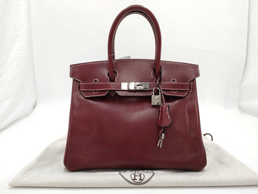 HERMES Birkin 30 Lise Bordeaux Handbag with E Stamp and Silver Hardware