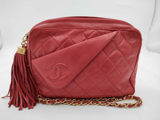 CHANEL Matelasse Fringe Chain Shoulder Bag, Red, Lamb, 0906535