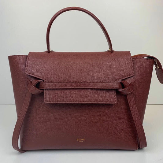 CELINE Mini Belt Bag, Limited Edition Color, 2-Way Handbag/Shoulder Bag, Bordeaux Leather with Gold Logo